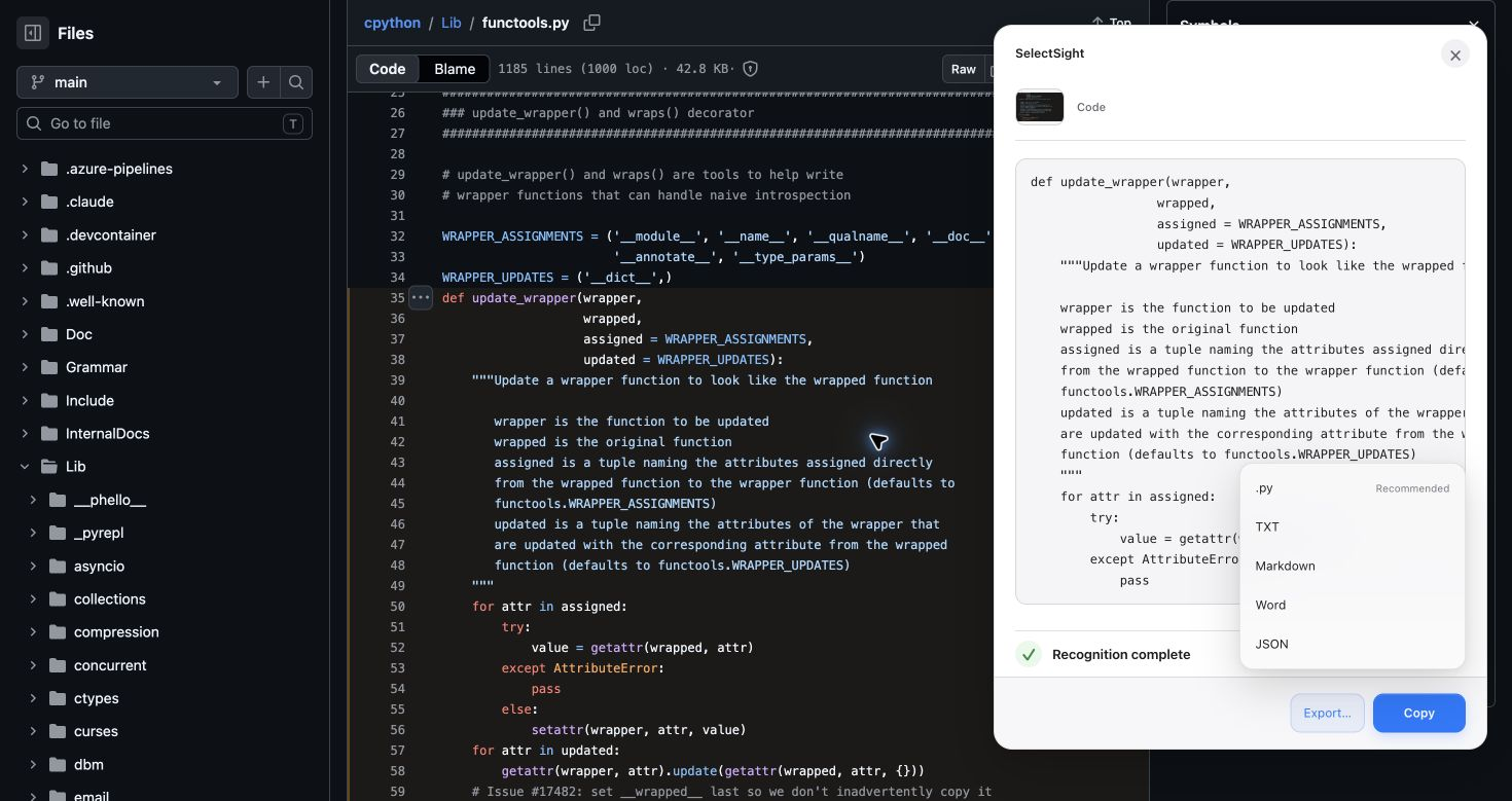 Real SelectSight Python file export choice beside a code file on GitHub