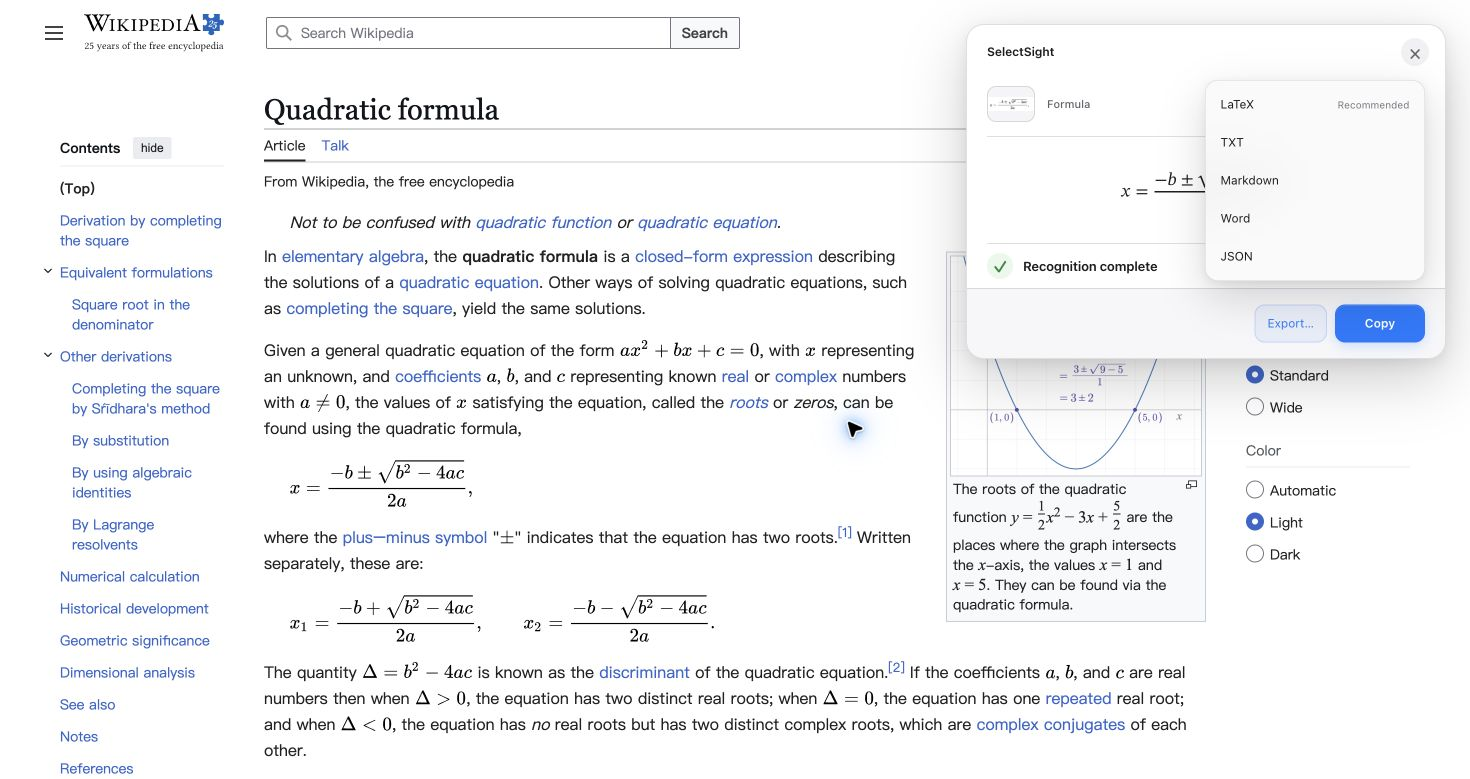 Real SelectSight LaTeX export choice beside a quadratic formula on Wikipedia