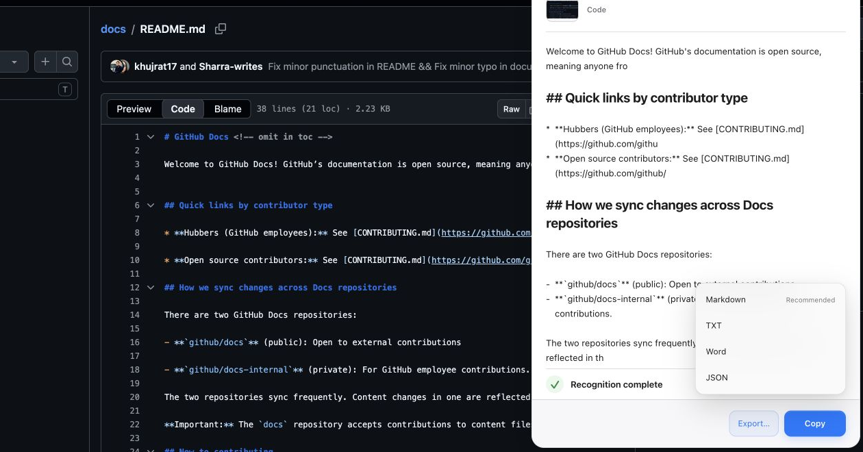 Real SelectSight Markdown export choice beside a GitHub README