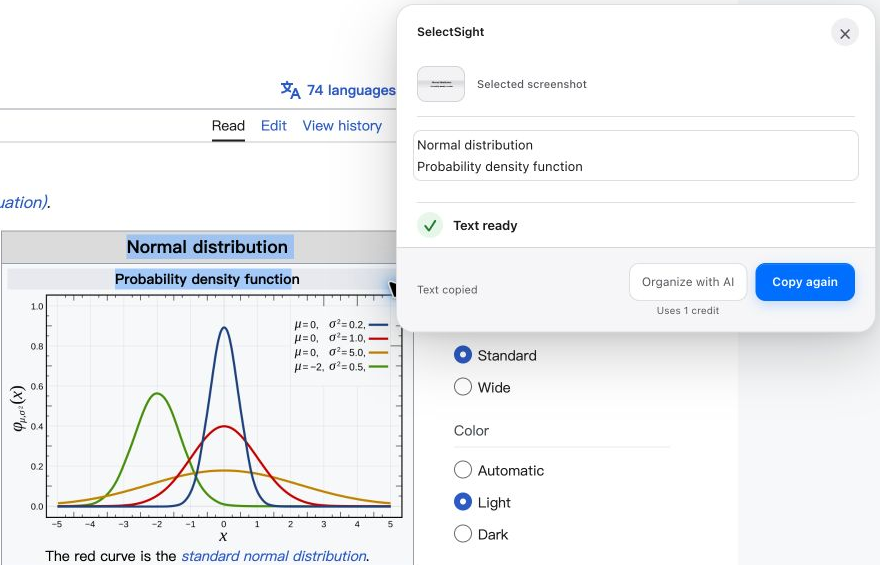 Real screenshot recognition result on a public Wikipedia chart, showing the selected screenshot, extracted heading, and copied status